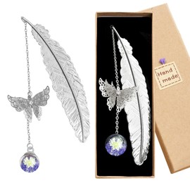 2 PCS Metal Feather Bookmarks for Birthday Gifts, Exquisite Bookmark with 3D Butterfly and Glass Bead Pendant, Uniquely Book Marker for Book Lover Student Readers, Appreciation Gifts for Teachers (SL)