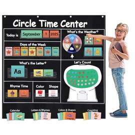 Pastel Circle Time Learning Center Classroom Pocket Chart Educational Pocket Chart Teaching Materials Learning Calendar Weather Counting Letter Rhyme Color Shape for Kids Preschool Home Classroom
