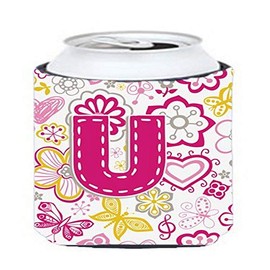 Caroline's Treasures CJ2005-UCC Letter U Flowers and Butterflies Pink Can or Bottle Hugger Cooler Washable Drink Sleeve Collapsible Beverage Insulated Holder, Can Hugger, Multicolor