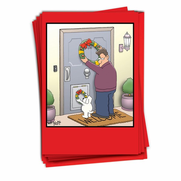 NobleWorks - 12 Funny Cartoon Cards for Christmas - Holiday Humor, Boxed Stationery Notecard Set (1 Design, 12 Cards) - Dog Wreath B1657