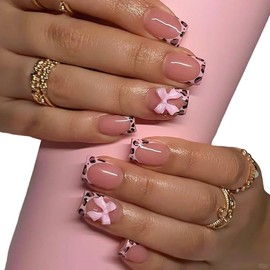 Handmade 10 Pcs French Pink Press on Nails Short Square 3D Bow Texture Design Spring Acrylic Nail Art Kit Fake Nails Press ons Nail Tips Full Cover Leopard Women Manicure (MT-118, L)