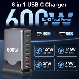 600W USB C Charger - 8-Port Fast Charging Station with 5 PD USB-C (up to 140W) and 3 USB-A Ports for Smartphones, Tablets, and Laptops, Ideal for Home, Office, and Travel