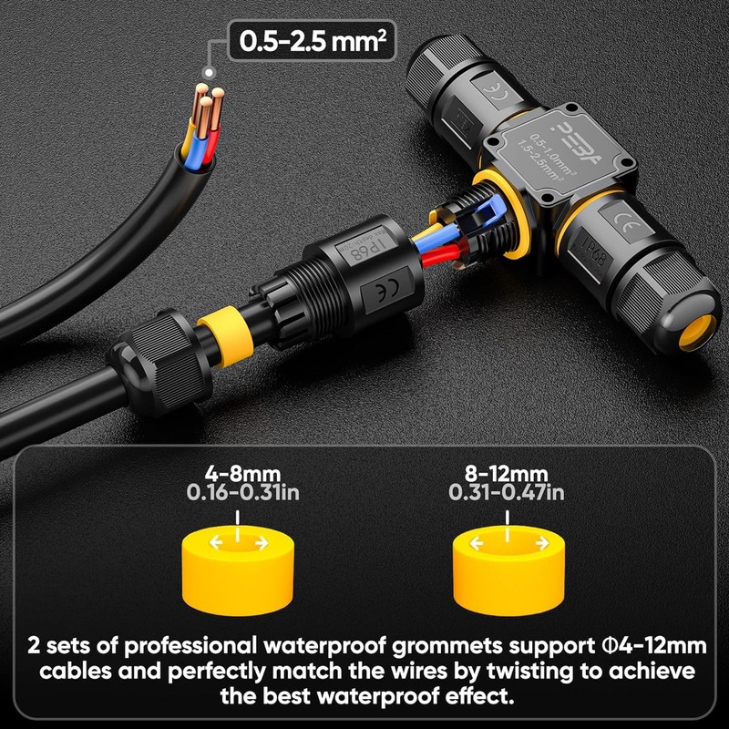 T-Shape 3-Way IP68 Waterproof Junction Box, Screwless Lever Quick-Release Cable