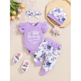 Doresbebe Newborn Infant Baby Girl Clothes 0-3 Months Ruffle Romper Set Hospital Coming Home Outfit Soft Tops Flower Pants Headband Hat 4pcs Gifts Purple- Flower