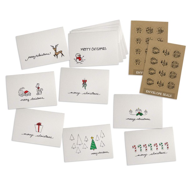 Merry Christmas Greeting Cards Collection - 24 Cards & Envelopes - Includes Kraft Seals!