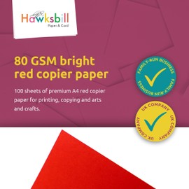 Hawksbill Bright Red Paper 80 GSM A4 – 100 Sheet Pack of Premium Paper for Copier Use Printing at Office & Home