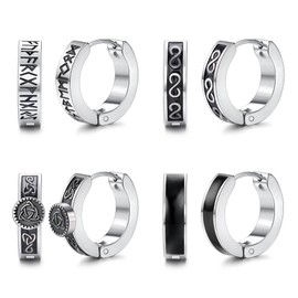 Sanfenly 4 Pairs Viking Hoops Earrings for Men Women Stainless Steel Viking Hoop Hinged Clicker Earrings Small Norse Vikings Black Hoop Earring for Men Jewellery 12mm