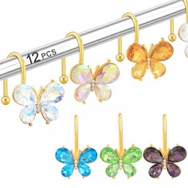 Ganchos para cortina de ducha, 12 piezas resistentes a la oxidación con purpurina de cristal y mariposa de metal decorativo para cortinas de baño, rop
