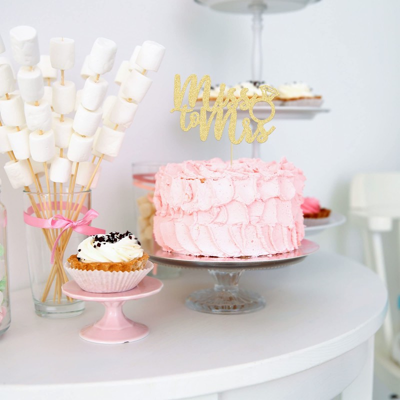 1 decoración para tarta de Miss to Mrs con purpurina