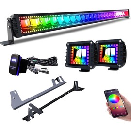 Lpteso RGB LED Light Bar 52'' inch + 2PCS 4 Inch Flood RGB LED Pods with 16 Solid Colors Chasing Ring Changing with Strobe Flashing with Upper Windshield Mounting Brackets Fit Wrangler JK 2007-2018