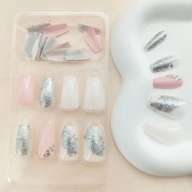 Press on Nails Short Coffin Fake Nails Press ons with Silver Glitter Rhinestones Designs White & Pink Full Cover Glue on Nails Acryilc False Nails Glossy Stick on Nails for Women 24 Pcs