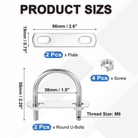 PATIKIL Round U-Bolts, 2 Pcs 1.5"(38mm) Inner Width 58mm Length M6 with Nut Plate Washer 304 Stainless Steel Round Bend U-Bolts for Boat Trailer Axle Sailboat