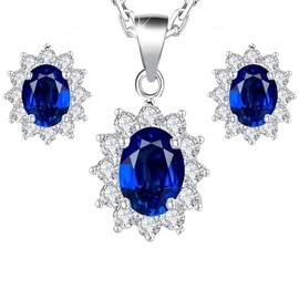 Crystalline Azuria Blue Simulated Sapphire Zirconia Crystals Ellipse Set Pendant Necklace 18 inches Earrings 18K White Gold Plated