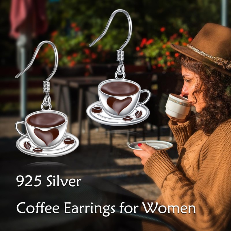 YFN Coffee Earrings Sterling Silver Coffee Dangle Earrings Tiny Coffee
