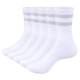 OUYJIA Men's White Sports Athletic Crew Socks Cotton Cushioned Striped Socks Basic Everyday Tube Socks Moisture Wicking Work Socks for Men Size 6-10 (5 Pairs)