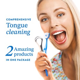 Soft Bristle Tongue Brush and Tongue Scraper for Adults (2 Pack), Reduce Bad Breath & Improve Oral Hygiene, Tongue Scraper Brush Ergonomic Handle & Protective Cap, Tongue Cleaner for Adults