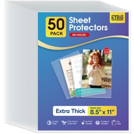 KTRIO No Holes Sheet Protectors 8.5 x 11 Inch Heavy Duty Clear Page Protectors, Plastic Paper Document Sleeves, Letter Size, Top Loading, Acid Free, 50 Pack