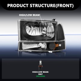 Aosky Headlight Assembly 4Pcs Set with Bulbs Fits for 1999-2004 F250 F350 F450 F550 Super Duty / 2000-2004 Excursion Driver & Passenger Side, Black Housing with Clear Reflector