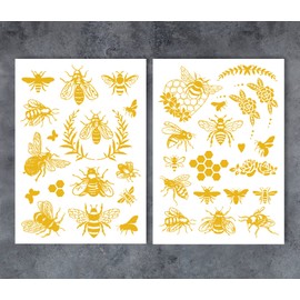 GSS Designs 2 Sheets Gold Bee Rub On Transfers for Furniture Ceramic Crafts Wood Scrapbook Card Making 8.3x11.7Inch Metallic Bee Stickers Transfers for Crafts DIY