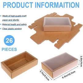 26 PCS Rectangle Drawer Kraft Boxes Small Cardboard Present Packaging Boxes for Party Favor Treats, Candy and Jewelry Crafts, 6.5 x 3.7 x 1.6 inch (Clear frosted, Brown)