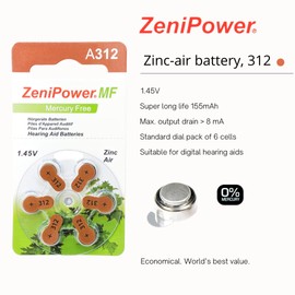 ZeniPower Hearing Aid Batteries Size 312, 50 x 6 Dial Cards = 300 Batteries