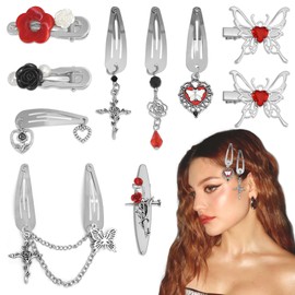 YAEISM 10PCS Red Hair Clips Small Dangle Silver Hair Clips Metal 9 Shapes Goth Cross Clip Snap Punk Y2K Hair Accessories for Women Girls
