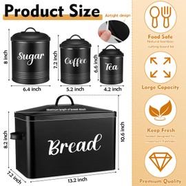 Teenyyou Extra Large Bread Box for Kitchen Counter Farmhouse, Metal Bread Bin and Ceramic Butter Dish with Lid and Knife, 3 Airtight Rustic Canister Containers Set for Sugar Coffee Tea(Balck)