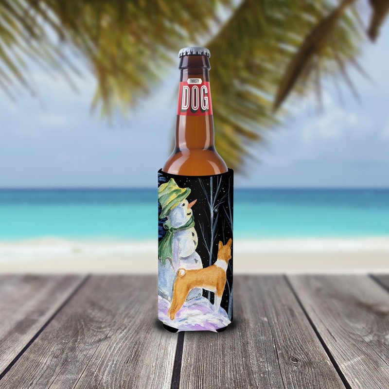 Snowman with Basenji Ultra Beverage Insulators for Slim cans