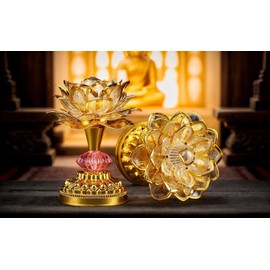Omeet Colorful LED Lotus Buddhist Lamp, Built 13 Buddhist Songs, Gradient Buddha Light for Worship, Prayer and Display, Low Power Consumption, Eco, Buddhist Supplies - Gold