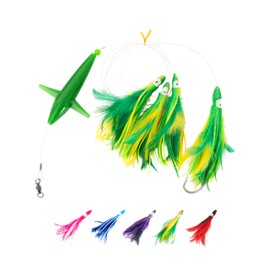 BLUEWING Tuna Feather Daisy Chain Fishing Teaser Lure with 4in Feathered Trolling Squids and Stainless Steel Hook Big Game for Tuna Mahi Wahoo Marlin, Yellow/Green