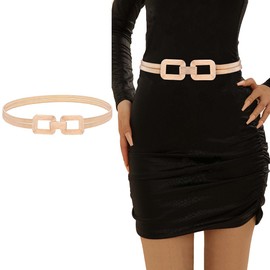 Tgirls Women Skinny Metal Belt Gold Elastic Waist Chain Belt Thin Silver Stretch Waistband for Dress (C-gold)