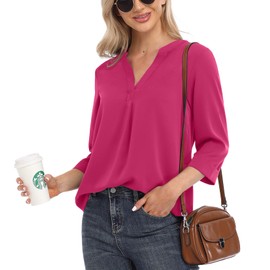 VIISHOW 3/4 Sleeve Shirts for Women Casual V Neck Chiffon Blouse Comfy Work Blouse for Women,Mauve Red,X-Large