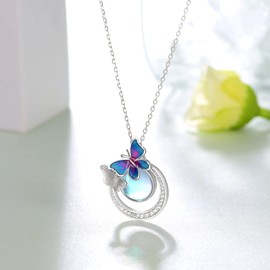 Feijiesi Butterfly Moonstone Necklace for Women 925 Sterling Silver Butterfly Pendant Necklace Butterfly Moonstone Jewelry Gifts for Women Girls Mom Daughter Wife, Sterling Silver, Moonstone