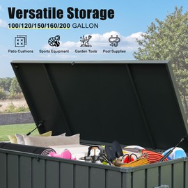 Domi Deck Box 100 Gallon Outdoor Storage Box, Large Metal Storage Cabinet Waterproof Lockable Container for Patio Furniture Cushions Garden Tools Pool-Supplies, Dark Grey
