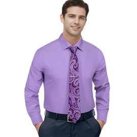 Hi-Tie Men's Purple Dress Shirts and Tie Pocket Square Lapel Pin Set Stretch Long Sleeve Button Down Casual Dress Shirts