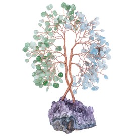 Nupuyai Green Aventurine & Aquamarine Crystal Tree with Amethyst Druze Base, Reiki Crystals Tree of Life Gemstone Money Tree Feng Shui Wedding Living Room Decoration