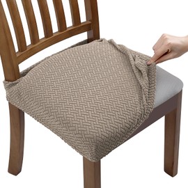 Fuloon Stretch Jacquard Chair Seat Covers for Dining Room, Removable Washable Anti-Dust Chair Seat Protector Slipcovers Set of 6, Khaki