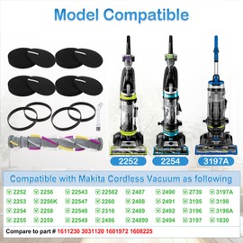 2252 replacement parts for Bissell Cleanview Swivel Crosswave Pet Vacuum 2252 2254 2486 2489 2488 2252 3197A 3198, includes 1 Brush Roller, 4 Belts and 4 Foam Filters