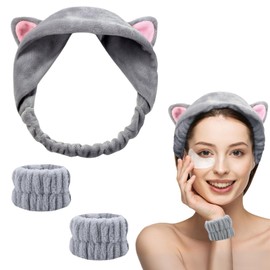 KEYRI 3 Pieces Skincare Headband and Wristbands for Facial Care Makeup and Washing Face Cat Ear Spa Headband Cute Head Band Flannel Facial Headband Soft Wristband for Girls and Women (Grey, One Size)