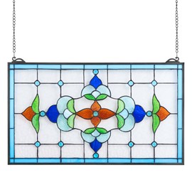 VEVOR Stained Glass Window Panel, 26 x 16 in, Tiffany Style Hanging Transom Window Panel with Chain, Large Horizontal Rectangle Stain Glass, Vintage Traditional Art Handcrafts for Kitchen Home Decor