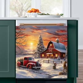 Merry Christmas Kitchen Decor Dishwasher Sticker Art Magnet Cover for Door Panels,Rustic Farmhouse Red Truck Refrigerator Magnetic Dishwasher Cover Decals for Home Appliances,23"x26"