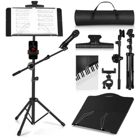 Music Stand, Vangoa Folding Sheet Music Stand with Detachable Microphone Stand & Phone Holder, Portable Lightweight with Music Sheet Clip Holder & Carrying Bag for Instrumental Performance