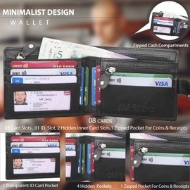 STARHIDE Mens RFID Blocking Slim Wallet Genuine VT Leather Billfold Wallet with Zip Coin Pocket and Gift Box 840 (Black)