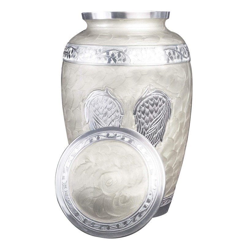 White Angel Wings Funeral Cremation Urn with Mathcing Keepsake Velvet