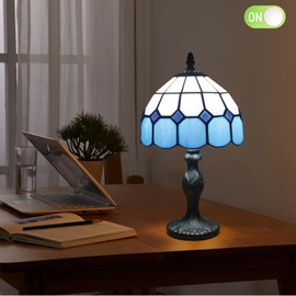 Meimond Tiffany-Style 8 Inch Table Lamp Mediterranean Series Stained Glass Lampshades Small Bedside Lamp Reading Antique Desk Light Livingroom Bedroom Office Vintage Art Deco Victorian(Color:Blue)