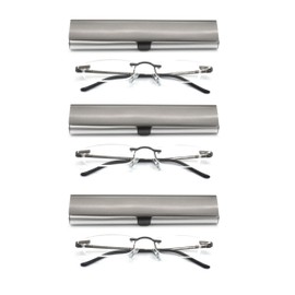 EYE ZOOM 3 Pack Rimless Reading Glasses with Slim Gun and Silver Case for Men and Women, 3.50