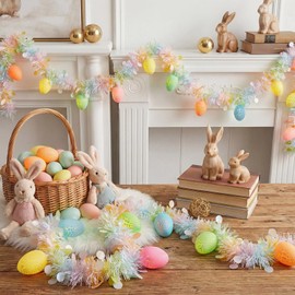 Konictom 8.5Ft Easter Garland with Lights, Plug in Easter Egg String Lights & Pastel Tinsel Set (White Wire), Connectable Waterproof Indoor Outdoor Decor for Home Mantle Bedroom Party