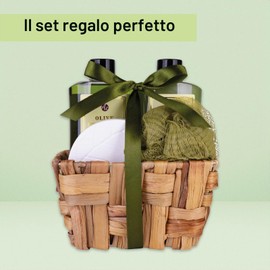 Accentra - Set da bagno da donna "Olive" in cestini in erba marina, set doccia con gel doccia, bagno in schiuma, bomba da bagno e spugna a rete, set da 4 pezzi per donne e ragazze