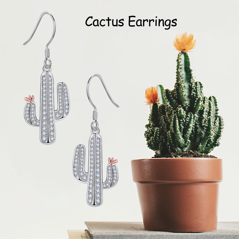 Cactus Earrings 925 Sterling Silver Cactus Hanging Earrings Plants Jewellery