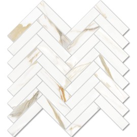 Vamos Tile Herringbone Peel and Stick Backsplash Tile - 10 Sheets Calacatta Gold PVC Self Adhesive Tiles Stick on Wall Tile for Kitchen, Bathroom and Fireplace